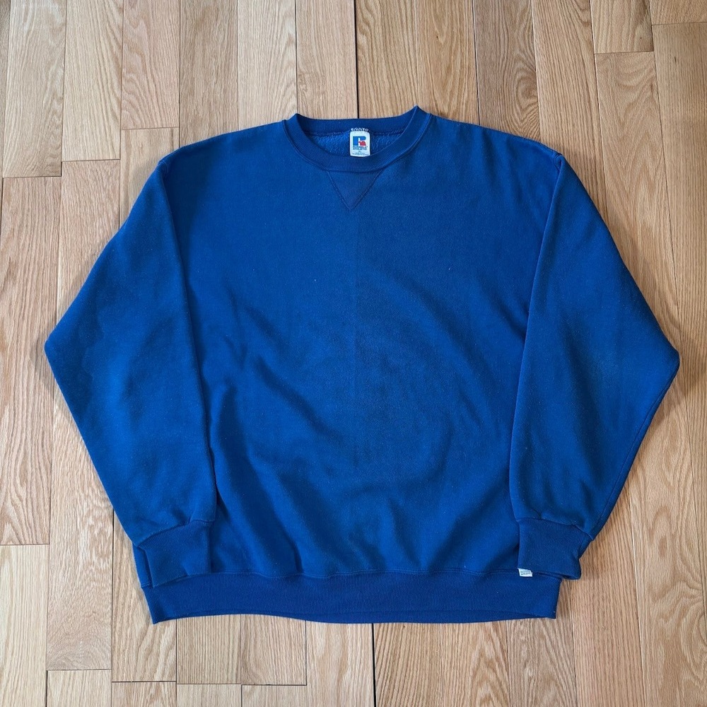 Vintage Russell Athletic Made USA Blue Blank Pullover Fleece Sweatshirt Mens XL